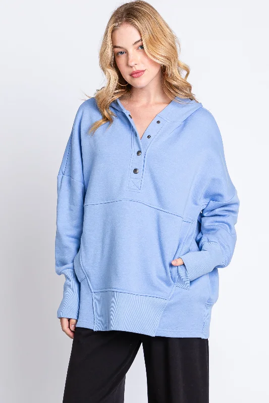 Light Blue Hooded Button Pullover Sweater Sleek Women's Metallic