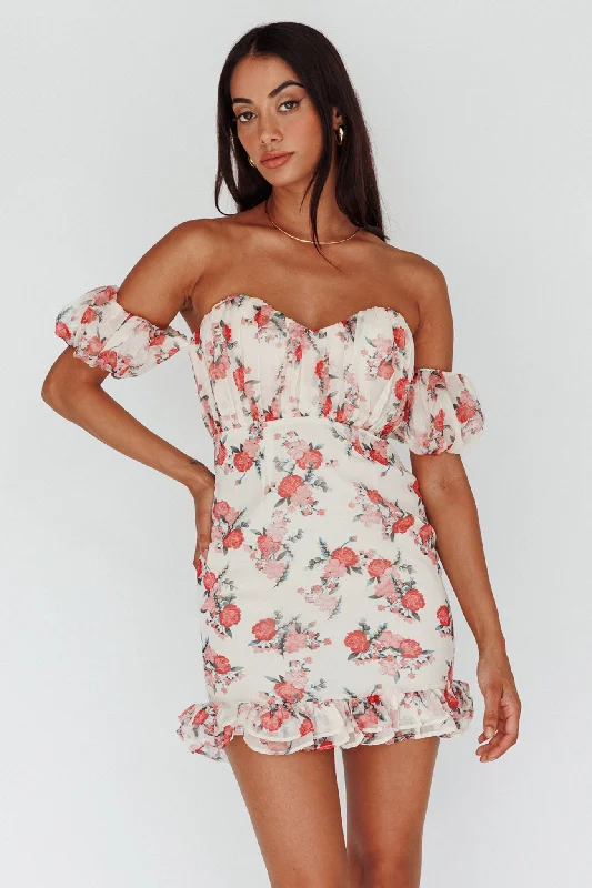 Verona Off-Shoulder Gathered Mini Dress Floral Red Hip Women's Retro