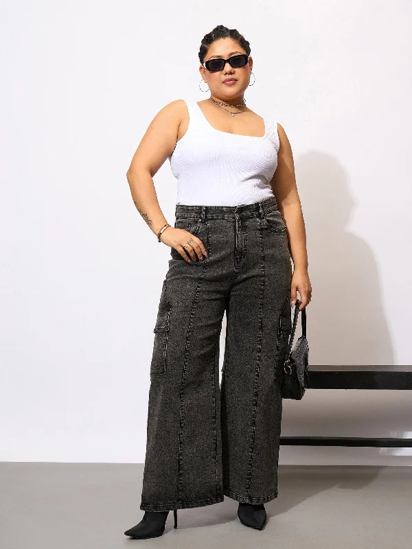 Women Black Denim Acid Wash Flap Pocket Cargo Jeans Athletic Women's High - 