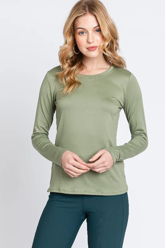 Light Olive Knit Long Sleeve Round Hem Top Scandinavian