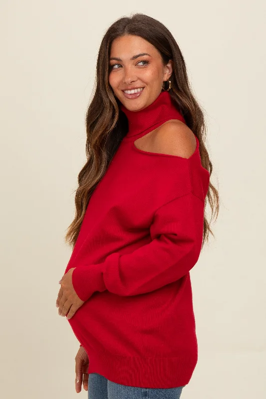 Red Cold Shoulder Turtle Neck Maternity Sweater Trendy Women's Oversized