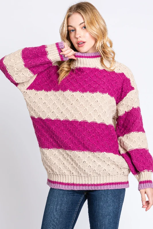 Magenta Striped Mock Neck Sweater Confident Women's High - fashion