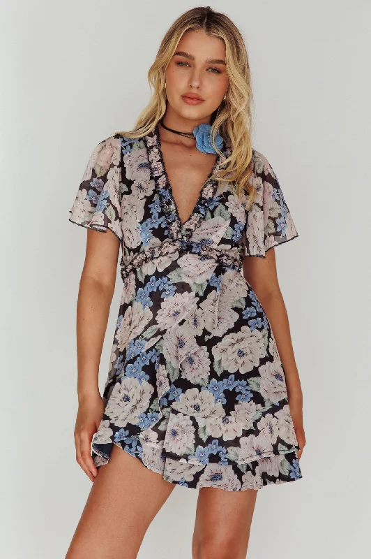 Laney Angel Sleeve Ruffle Dress Floral Blue garde