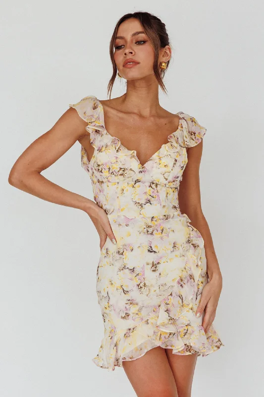 Make Memories Frill Strap Mini Dress Floral Yellow Modern Women's Tech