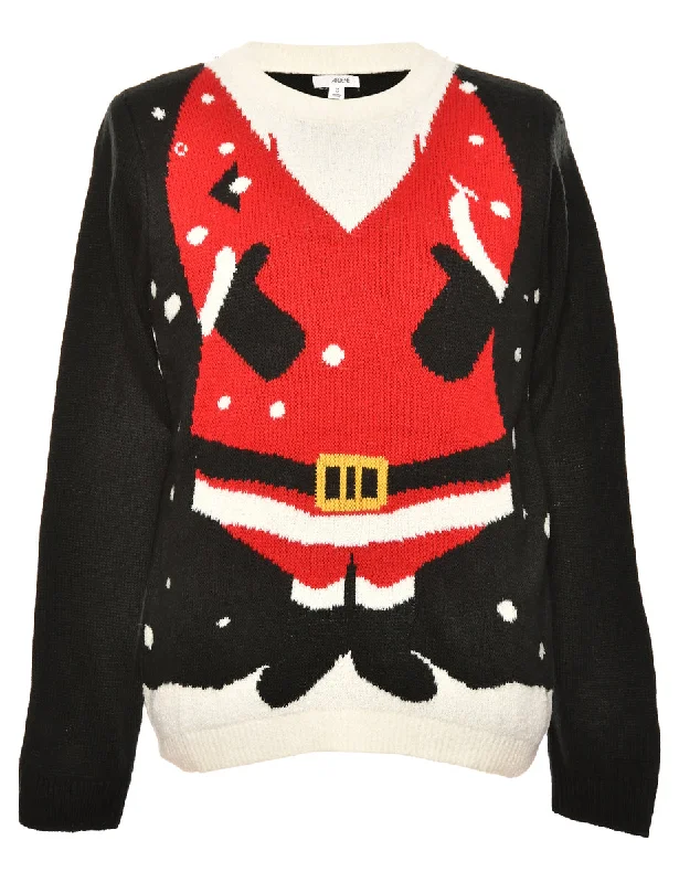 Black & Red Santa Claus Design Jumper - M Cool Women's Distressed