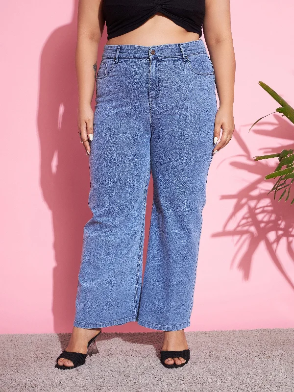 Women Blue Acid Wash Denim Straight Jeans Confident Women's High - fashion