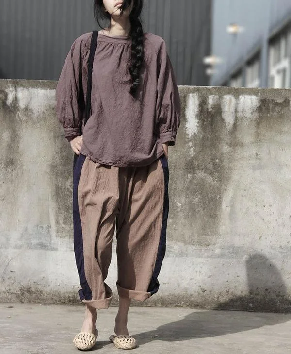 Women Loose Cotton Linen Solid Color T-shirt Cozy Women's Sherpa - lined