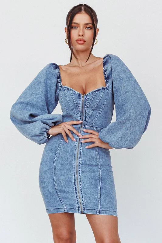 Tasmyn Balloon Sleeve Zipper Mini Dress Denim Confident Women's High - fashion