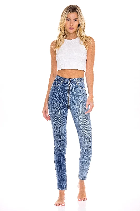 Two Tone Full Zip High Waisted Jeans  - The Dandelion Laid - back Women's Vibe