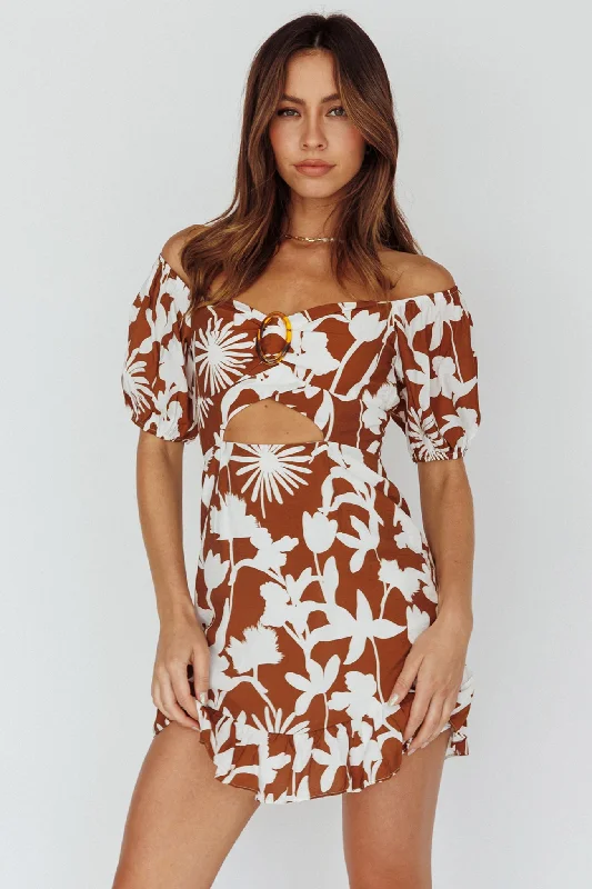 Palm Beach Puff Sleeve Dress Printed Tan Cozy Women's Winter