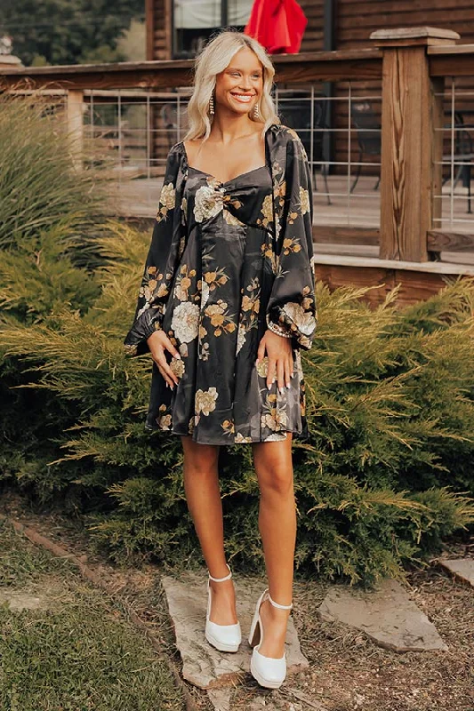 Flirty Moments Satin Mini Dress in Black Monochromatic Office Style