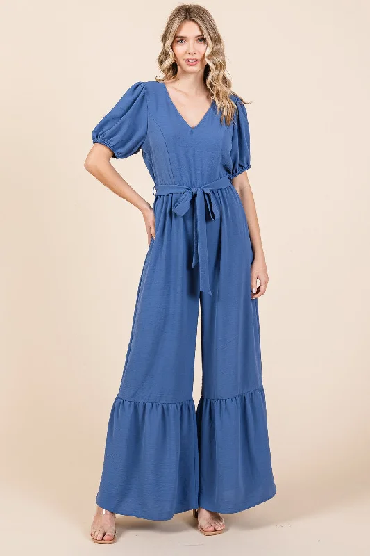 GeeGee Full Size V-Neck Belted Wide Leg Jumpsuit Sharp Women's Italian
