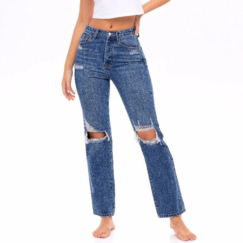 Medium Wash, Distressed High Waisted Jeans - The Tulip Earthy Women's 
