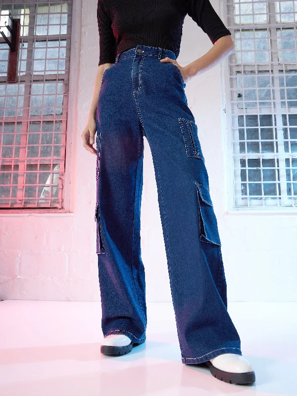 Women Blue Contrast Stitch Cargo Jeans European