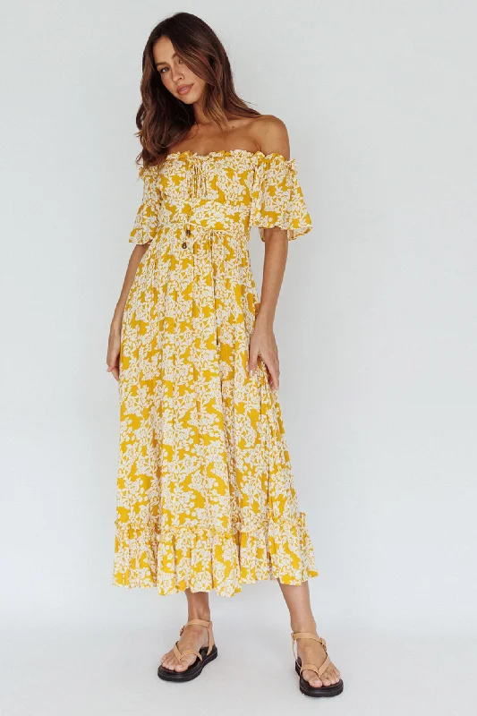 Voyager Off-Shoulder Bell Sleeve Midi Dress Floral Yellow Elegant Women's Formal 