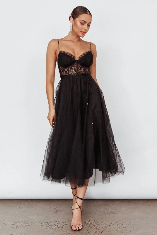Trophy Lace Bodice Mesh Midi Dress Black purpose