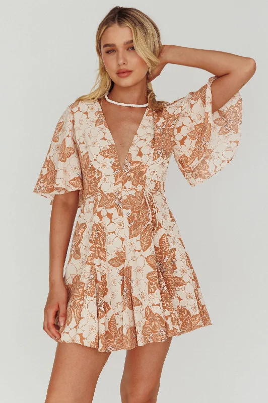 Estelle Angel Sleeve Dress Floral Brown Earthy Women's Hemp - based