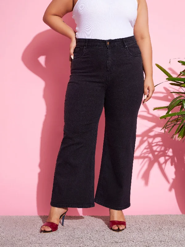 Women Black Acid Wash Denim Bell Bottom Jeans Sleek Women's Metallic