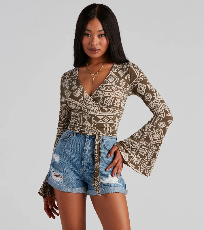 Boho Bell Sleeve Wrap Top Hip Women's Retro
