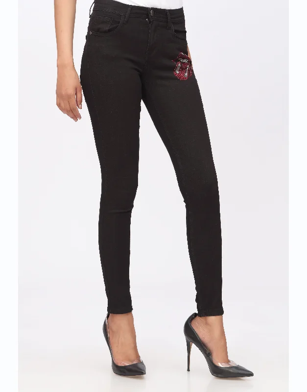 High Rise Skinny Jeans with Sassy Print in Jet Black Sharp Women's Italian