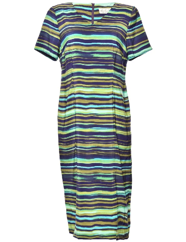 Navy & Green Striped Dress - L Dapper Women's Bow - adorned