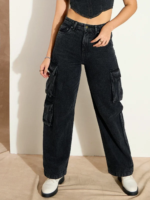 Women Black Washed Denim Cargo Jeans Refined Women's 