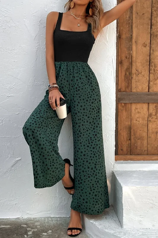 Two-Tone Square Neck Wide Leg Jumpsuit Earthy Women's 