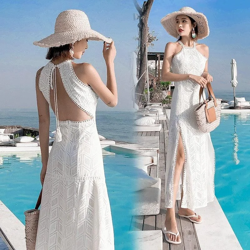 Rubecca Slit Maxi Dress in White Edgy Women's Punk