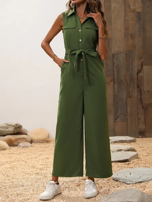Tie Waist Sleeveless Wide Leg Jumpsuit Casual Women's Loose - fitting