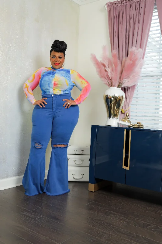 Royal Blue Distressed Bell Bottom Jeans Bold Women's Animal Print