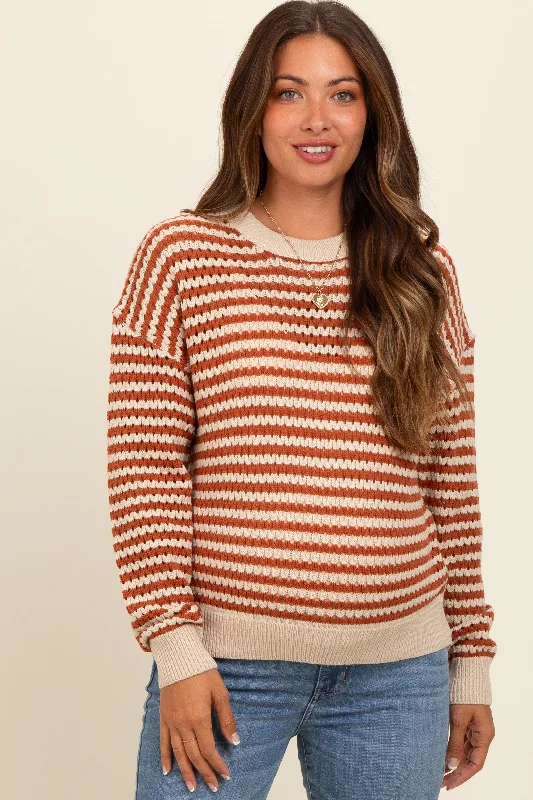 Rust Striped Crochet Knit Maternity Sweater Vacation