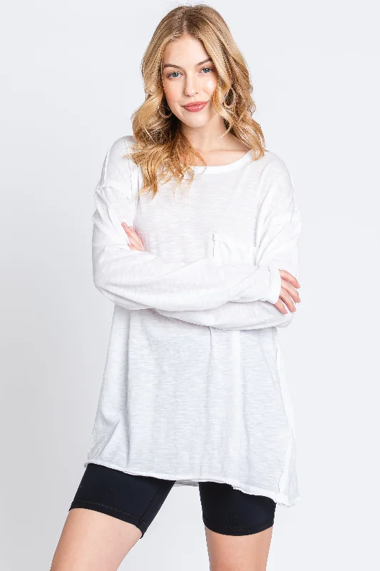 White Mineral Wash Front Pocket Long Sleeve Top Traditional Women's Wool