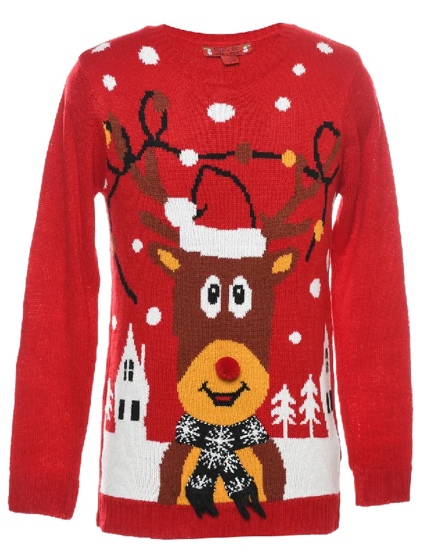 Reindeer Design Red Christmas Jumper - M Streetwear Style for 