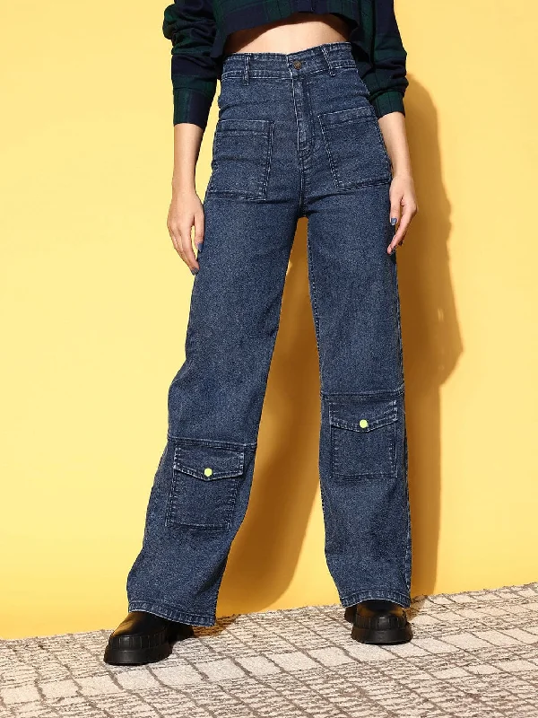 Women Blue Washed Multi Pocket Stretch Straight Jeans Bold Women's Animal Print