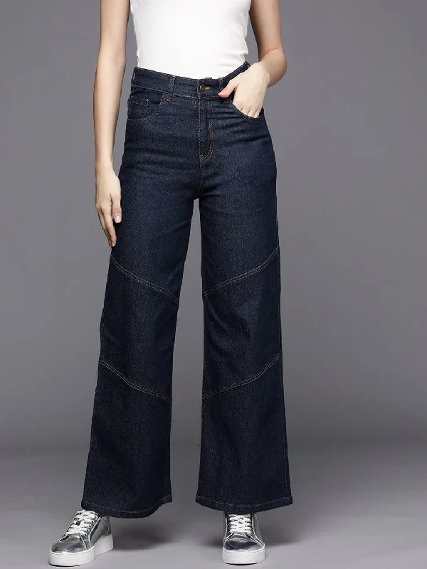 Women Blue Contrast Stitch Detail Straight Jeans Refined Women's Hand - crafted