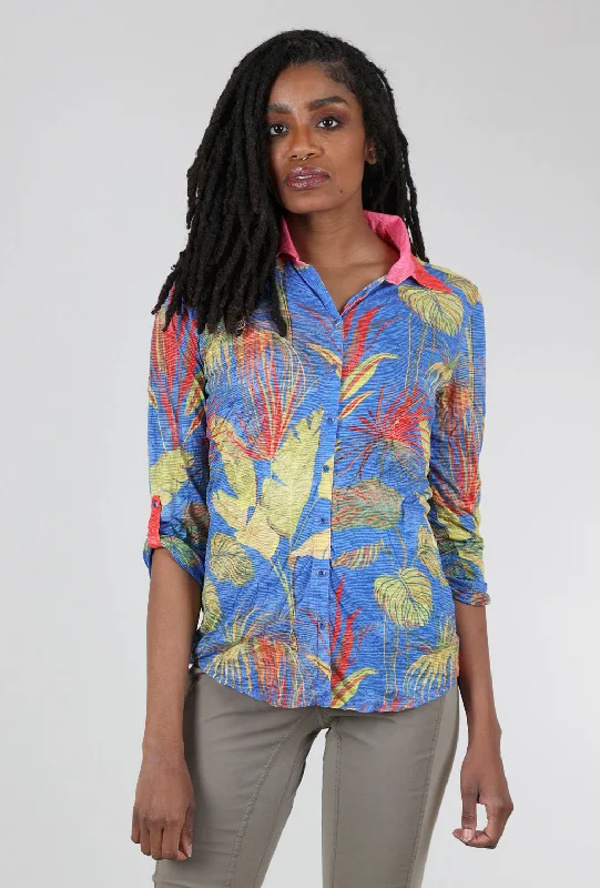 Roll-Up Sleeve Crinkle Shirt, Leaf/Periwinkle French