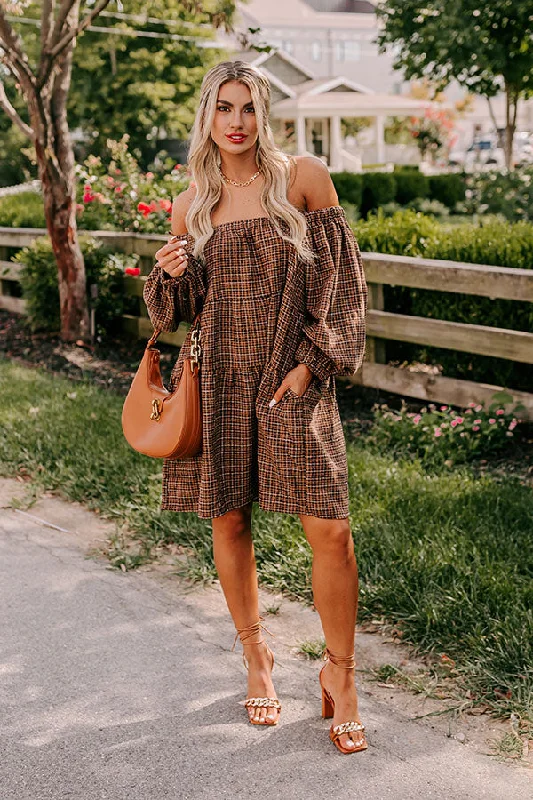 Pumpkin Spice Cutie Plaid Mini Dress in Brown Dynamic Women's High - energy