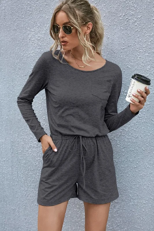 Drawstring Waist Long Sleeve Romper Sleek Women's 