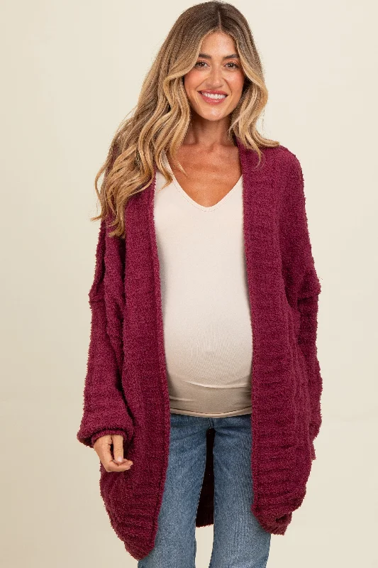 Burgundy Chunky Knit Dolman Maternity Cardigan Monochromatic Office Style