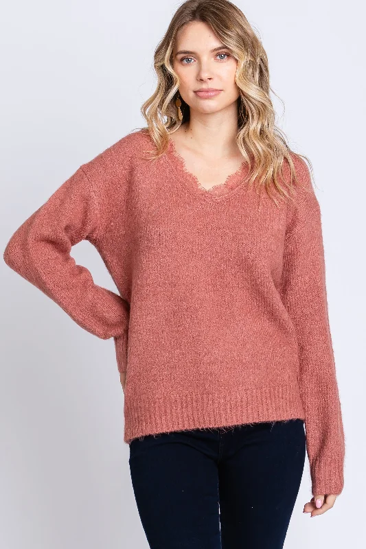 Mauve Soft Knit Lace Trim Sweater Cool Women's Skate