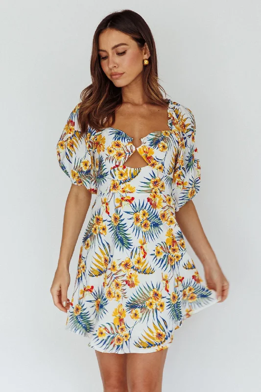 Alpha Cut-Out Bodice Mini Dress Floral White Minimalist Women's Casual