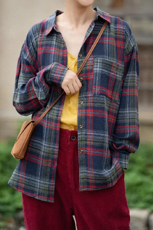 Women Loose Plaid Cotton Linen Blouse Shirt Tops Sophisticated Women's Tailored