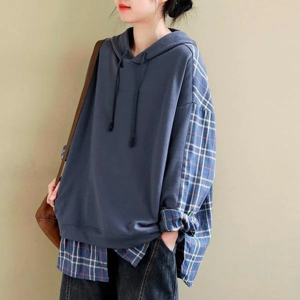 Style Plaid Patchwork Female Hooded Pullovers Monochromatic Office Style