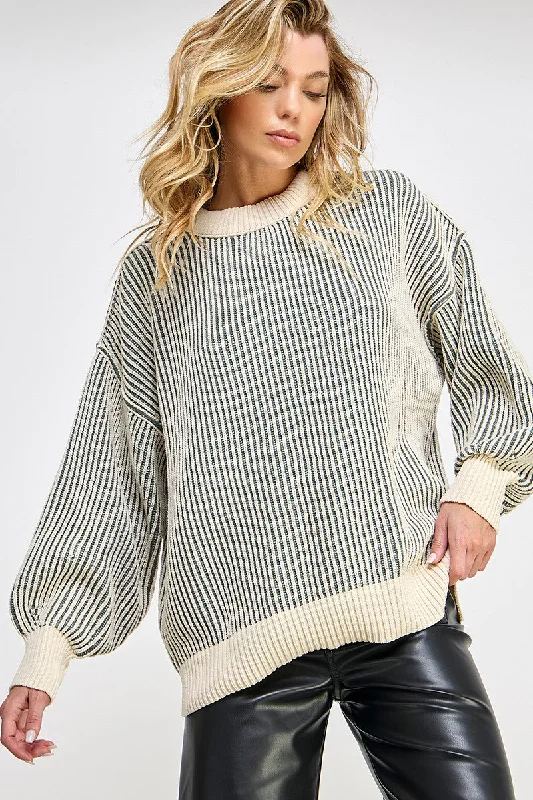 Olive Ribbed Balloon Sleeve Sweater Cashmere