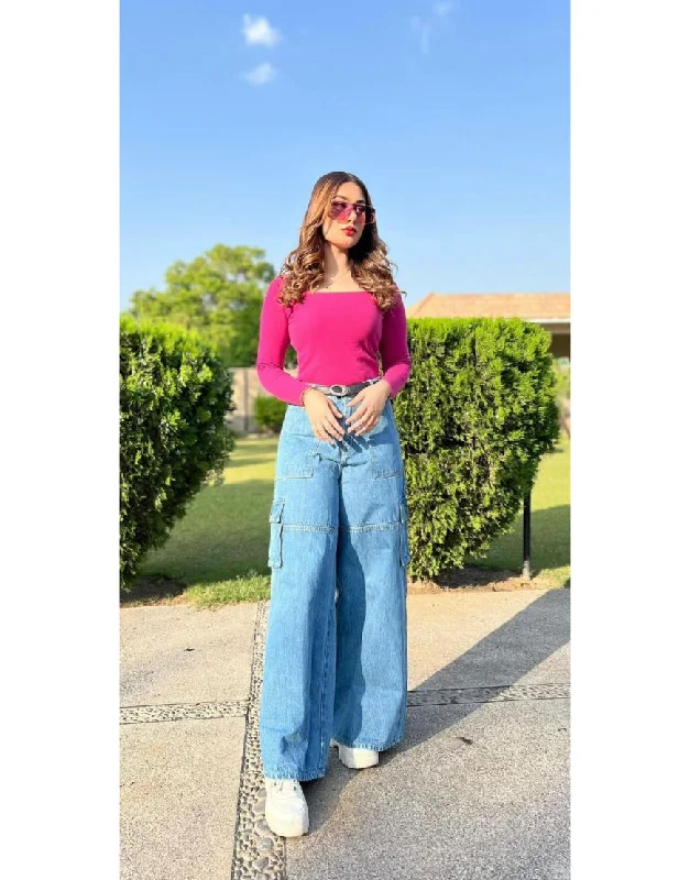 Wide Leg Flap Pocket Cargo Mid Wash Luxurious Women's High -  end