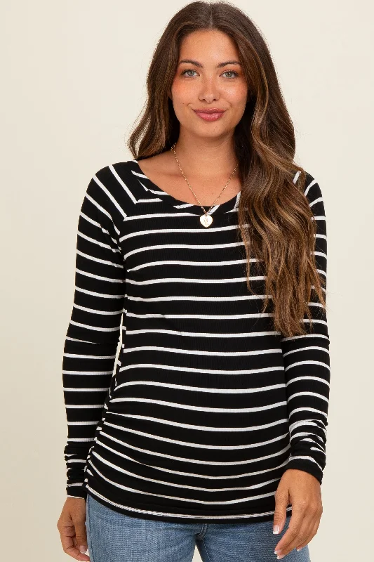 Black Striped Ruched Side Maternity Long Sleeve Top Earthy Women's Hemp - based