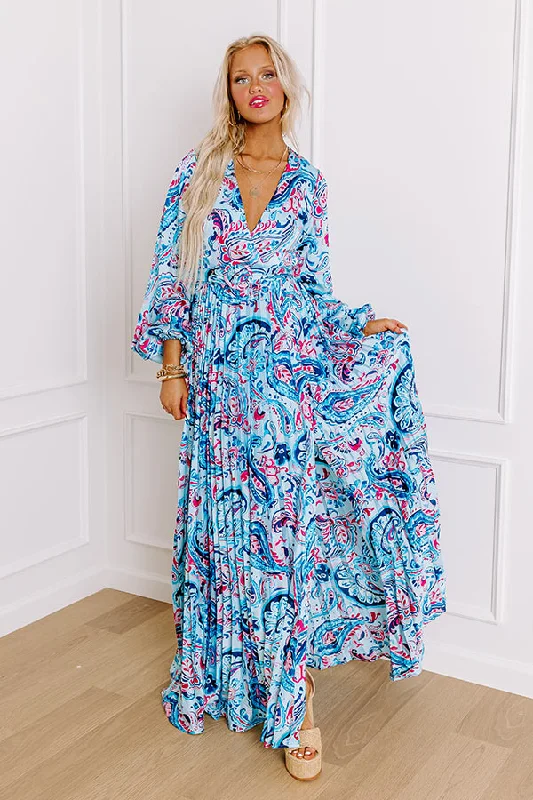 Under The Tucson Sun Pleated Maxi Dress in Blue Sleek Women's 