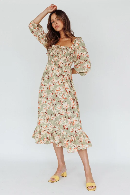 Flynn Balloon Sleeve Shirred Midi Dress Floral Green Business