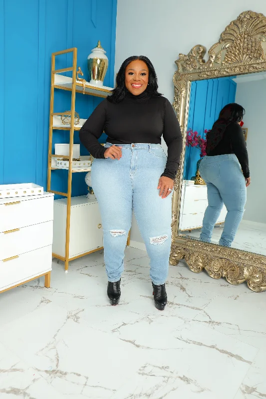 Light Blue Knee Slit Jeans Contemporary 