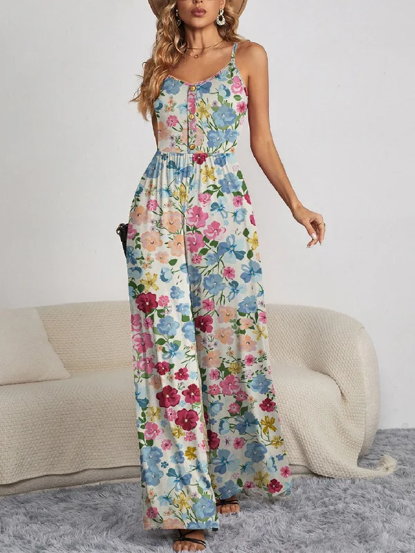 Decorative Button Spaghetti Strap Wide Leg Jumpsuit Cozy Women's Sherpa - lined
